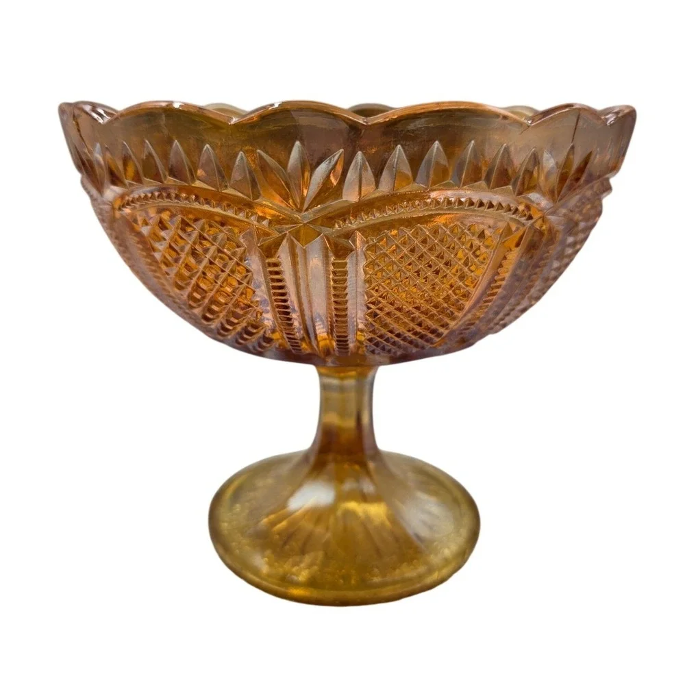 Vintage Marigold Carnival Glass Pedestal Bowl Diamond Scalloped Compote 6in O1;2